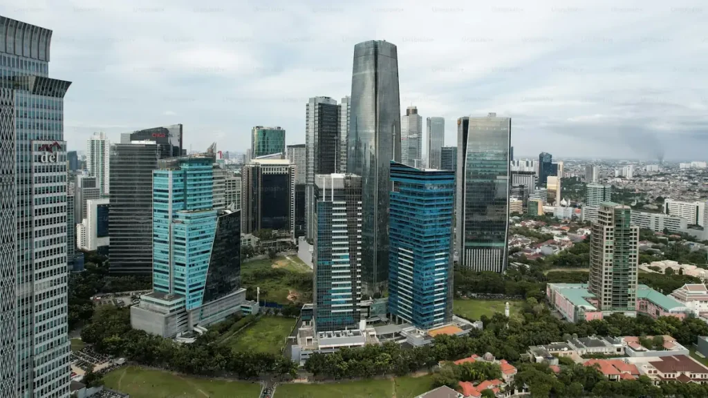 Jakarta city skyline at sunset, the city where the British Embassy serves UK citizens in Indonesia