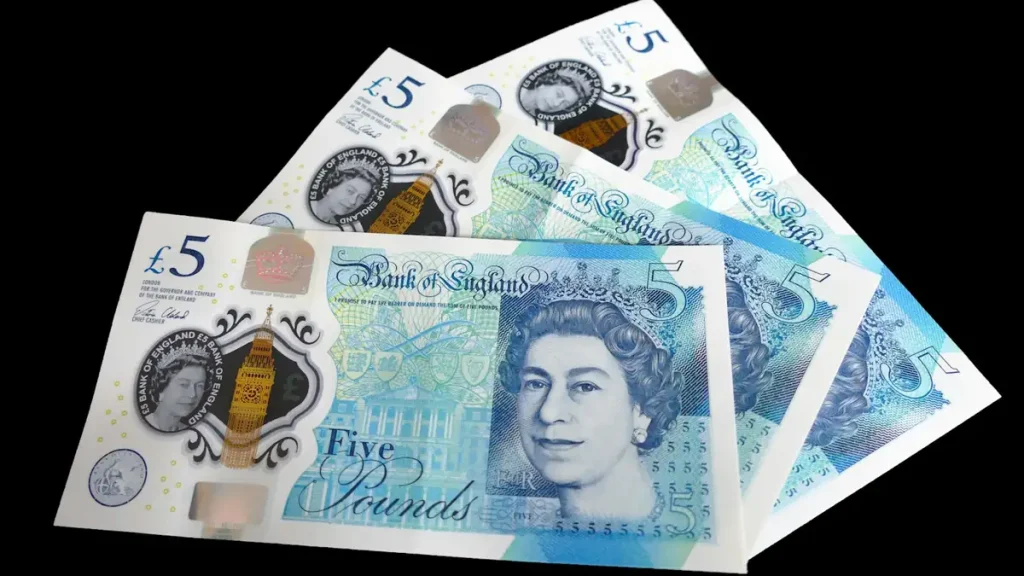 A pile of British five pound notes, the currency UK travellers budget Bali visa fees in