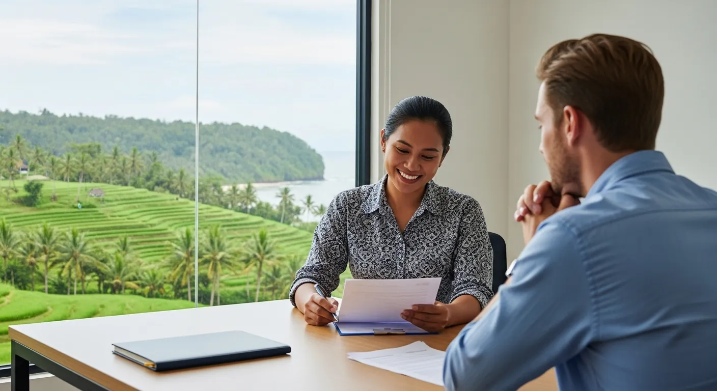 Balinese visa specialist helping a UK citizen with immigration documents in a modern office overlooking tropical Bali scenery.